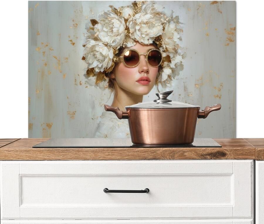 KitchenYeah Spatscherm keuken 90x60 cm Kookplaat achterwand Schilderij Vrouw Zonnebril Bloemenkrans Muurbeschermer Spatwand fornuis Hoogwaardig aluminium