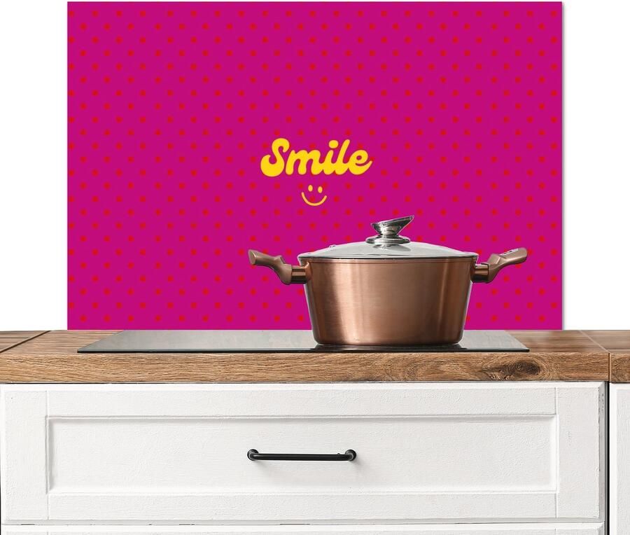 KitchenYeah Spatscherm keuken 90x60 cm Kookplaat achterwand Smile Stippen Roze Muurbeschermer Spatwand fornuis Hoogwaardig aluminium