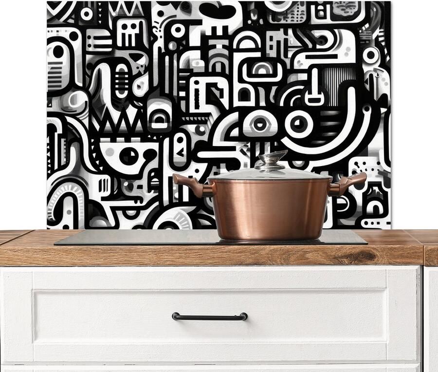 KitchenYeah Spatscherm keuken 80x55 cm Kookplaat achterwand Symbolen Abstract Grafisch Zwart Muurbeschermer Spatwand fornuis Hoogwaardig aluminium