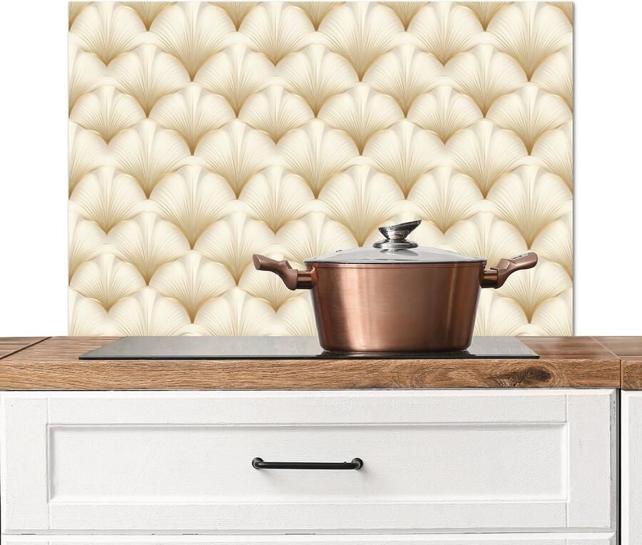 KitchenYeah Spatscherm keuken 80x55 cm Kookplaat achterwand Waaier Motief Goud Muurbeschermer Spatwand fornuis Hoogwaardig aluminium