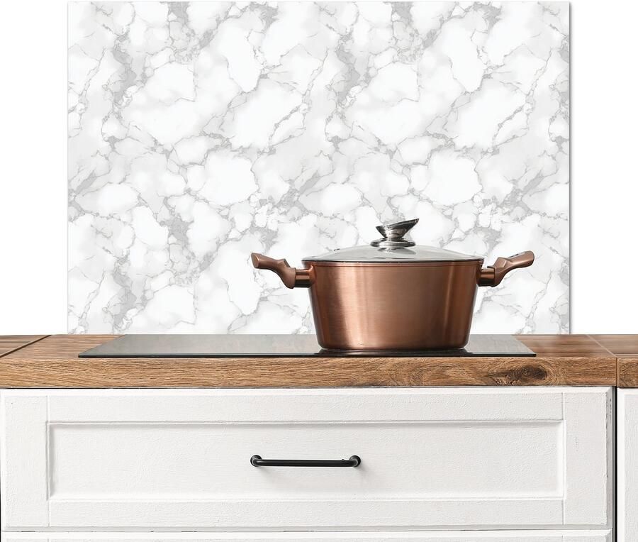 KitchenYeah Spatscherm keuken 80x55 cm Kookplaat achterwand Wit Marmer print Grijs Muurbeschermer Spatwand fornuis Hoogwaardig aluminium