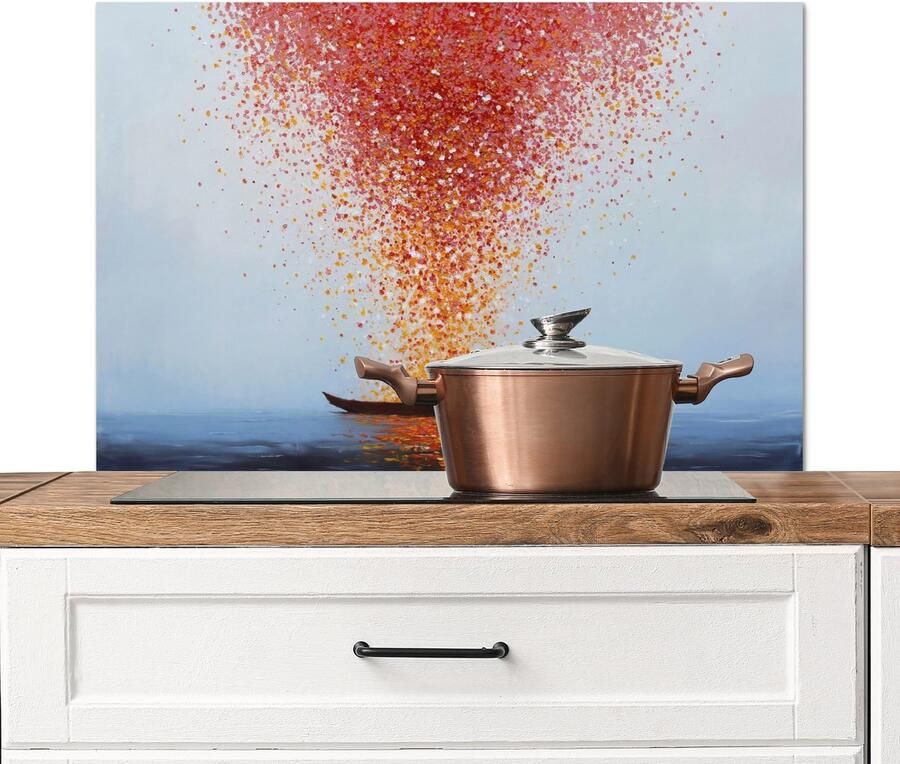 KitchenYeah Spatscherm keuken 90x60 cm Kookplaat achterwand Wolk Confetti Boot Wateroppervlakte Muurbeschermer Spatwand fornuis Hoogwaardig aluminium