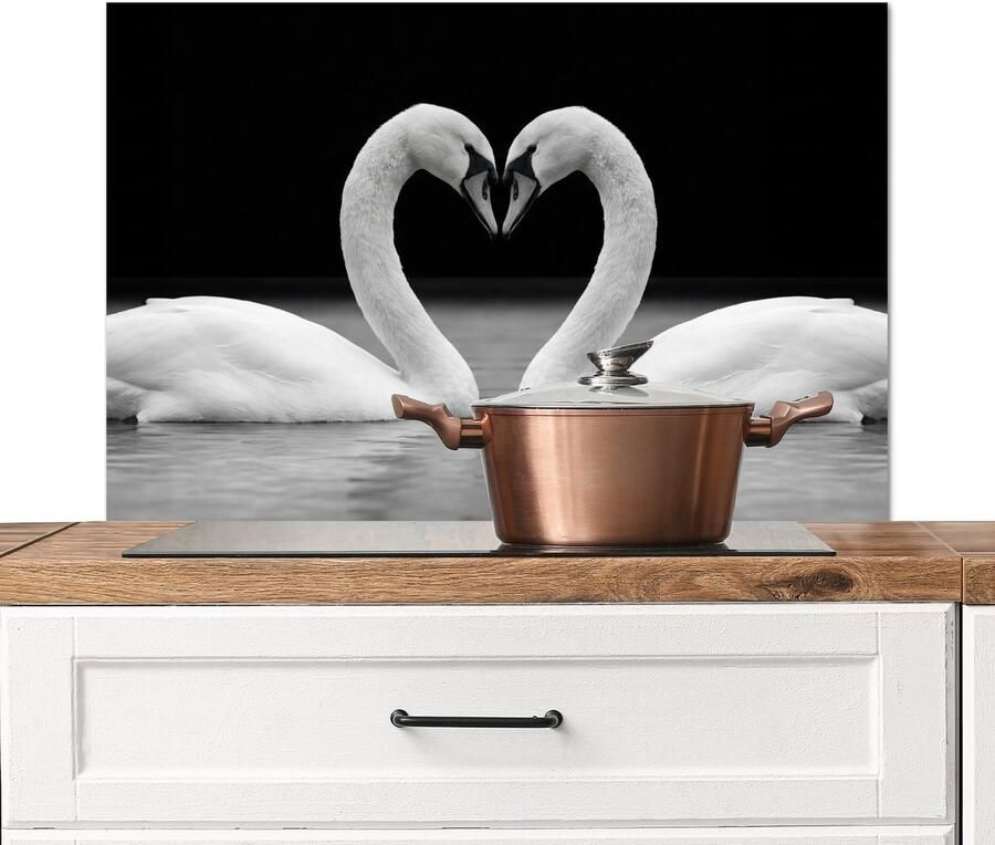 KitchenYeah Spatscherm keuken 90x60 cm Kookplaat achterwand Zwanen Hart Zwart Wit Muurbeschermer Spatwand fornuis Hoogwaardig aluminium