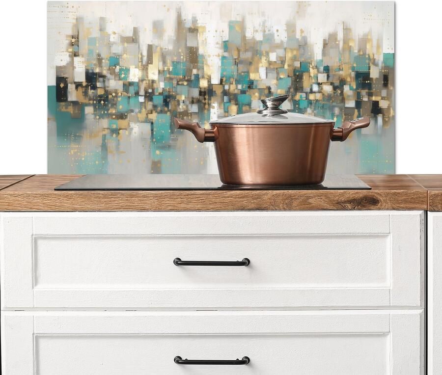 KitchenYeah Spatscherm keuken 90x45 cm Kookplaat achterwand Abstract Blokken Goud Skyline Muurbeschermer Spatwand fornuis Hoogwaardig aluminium