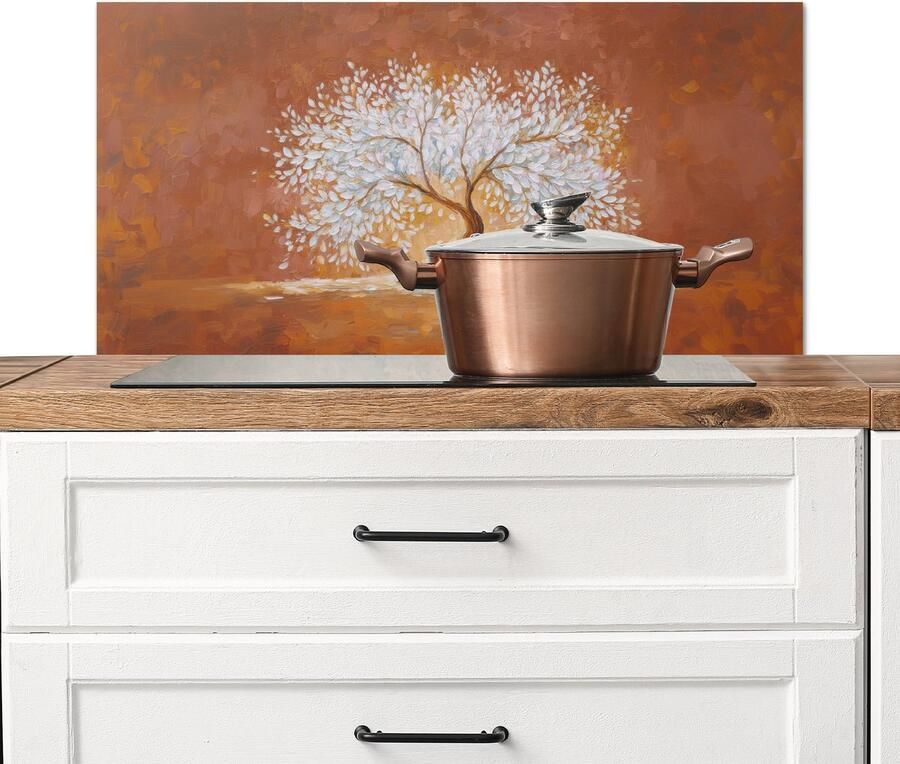 KitchenYeah Spatscherm keuken 80x40 cm Kookplaat achterwand Abstract Boom Wit Bladeren Muurbeschermer Spatwand fornuis Hoogwaardig aluminium