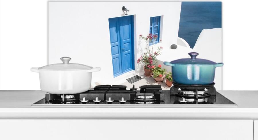 KitchenYeah Spatscherm keuken 80x40 cm Kookplaat achterwand Architectuur Blauw Wit Deur Muurbeschermer Spatwand fornuis Hoogwaardig aluminium