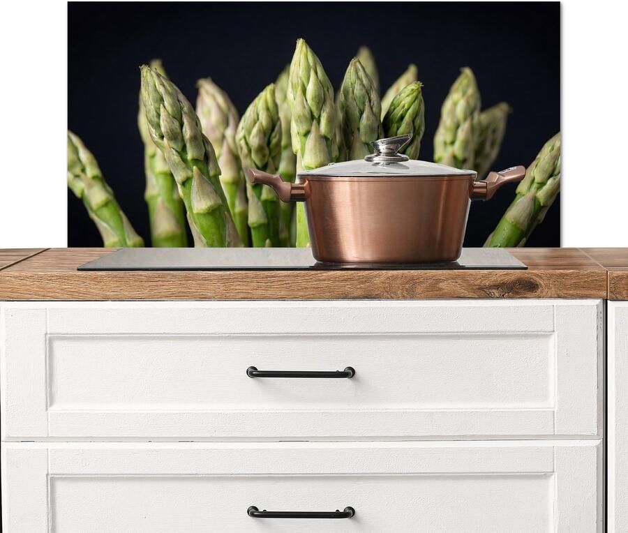 KitchenYeah Spatscherm keuken 90x45 cm Kookplaat achterwand Asperges Groen Zwart Muurbeschermer Spatwand fornuis Hoogwaardig aluminium