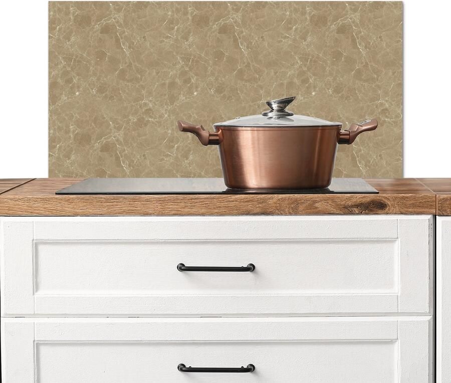 KitchenYeah Spatscherm keuken 80x40 cm Kookplaat achterwand Beige Marmer print Witte aders Muurbeschermer Spatwand fornuis Hoogwaardig aluminium