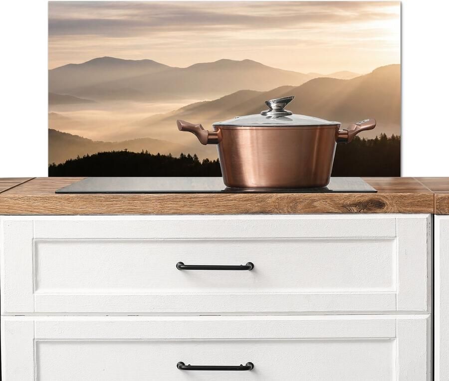 KitchenYeah Spatscherm keuken 90x45 cm Kookplaat achterwand Bergen Mist Zonnestralen Muurbeschermer Spatwand fornuis Hoogwaardig aluminium