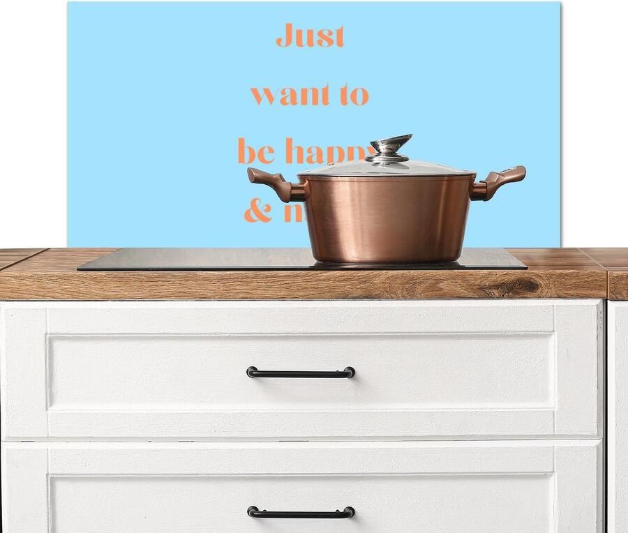 KitchenYeah Spatscherm keuken 80x40 cm Kookplaat achterwand Blauw Oranje Just want to be happy & naked Muurbeschermer Spatwand fornuis Hoogwaardig aluminium