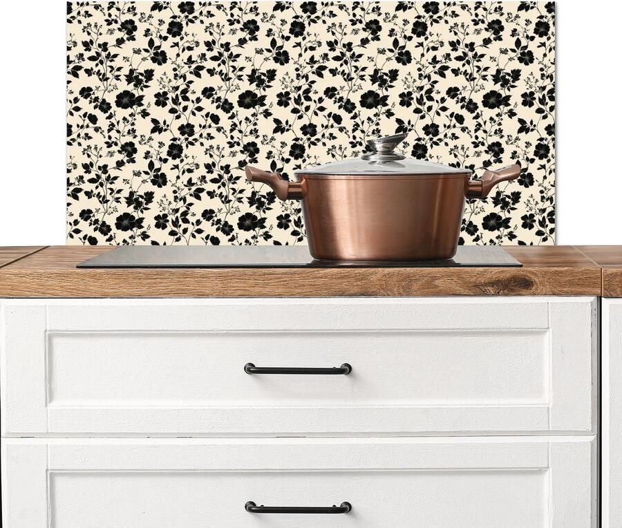 KitchenYeah Spatscherm keuken 80x40 cm Kookplaat achterwand Bloemen Dessin Zwart Muurbeschermer Spatwand fornuis Hoogwaardig aluminium