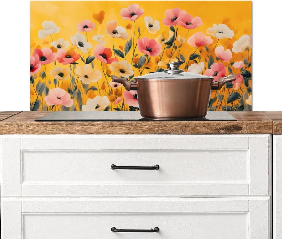 KitchenYeah Spatscherm keuken 90x45 cm Kookplaat achterwand Bloemen Veld Geel Muurbeschermer Spatwand fornuis Hoogwaardig aluminium