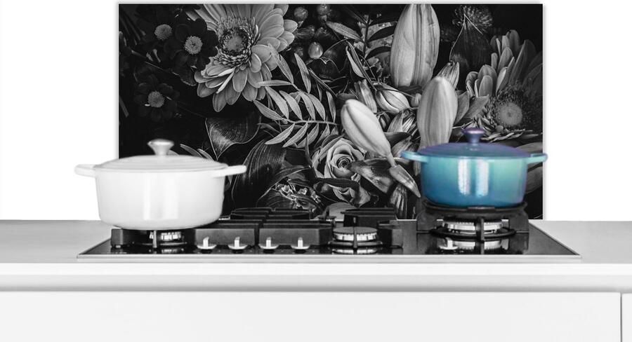 KitchenYeah Spatscherm keuken 90x45 cm Kookplaat achterwand Boeket Stilleven Bloemen Planten Rood Muurbeschermer Spatwand fornuis Hoogwaardig aluminium