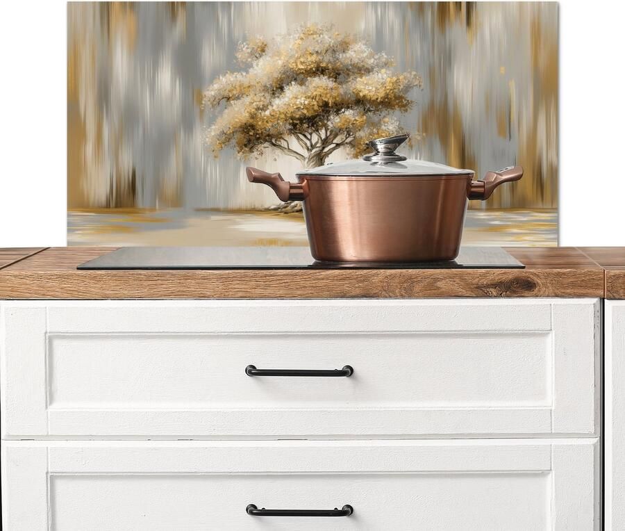 KitchenYeah Spatscherm keuken 80x40 cm Kookplaat achterwand Boom Bladeren Abstract Wit Muurbeschermer Spatwand fornuis Hoogwaardig aluminium