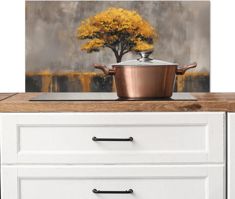 KitchenYeah Spatscherm keuken 90x45 cm Kookplaat achterwand Boom Bladeren Goud Abstract Muurbeschermer Spatwand fornuis Hoogwaardig aluminium