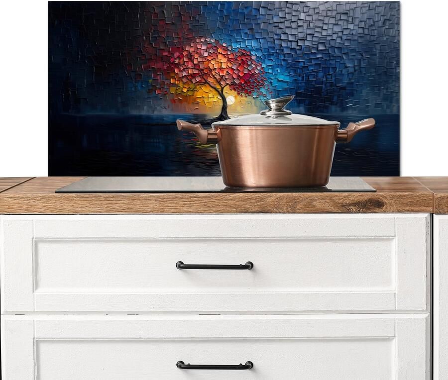 KitchenYeah Spatscherm keuken 80x40 cm Kookplaat achterwand Boom Blauw Bladeren Vakken Muurbeschermer Spatwand fornuis Hoogwaardig aluminium