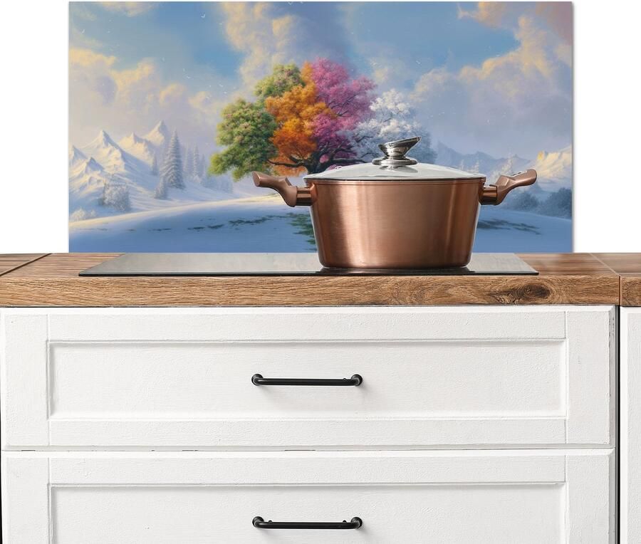 KitchenYeah Spatscherm keuken 90x45 cm Kookplaat achterwand Boom Seizoenen Winter Landschap Muurbeschermer Spatwand fornuis Hoogwaardig aluminium