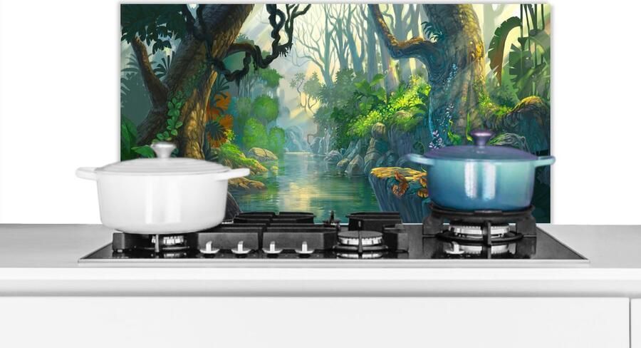 KitchenYeah Spatscherm keuken 90x45 cm Kookplaat achterwand Bos Rivier Schilderij Meisjes Kinderen Jongens Muurbeschermer Spatwand fornuis Hoogwaardig aluminium