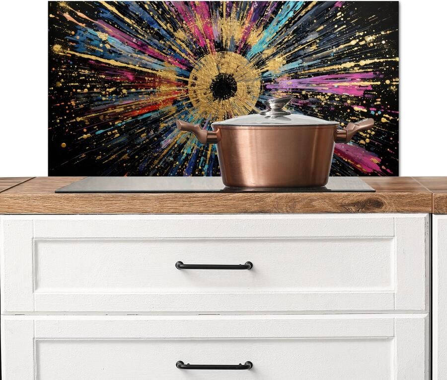 KitchenYeah Spatscherm keuken 90x45 cm Kookplaat achterwand Explosie Goud Kleurrijk Abstract Muurbeschermer Spatwand fornuis Hoogwaardig aluminium