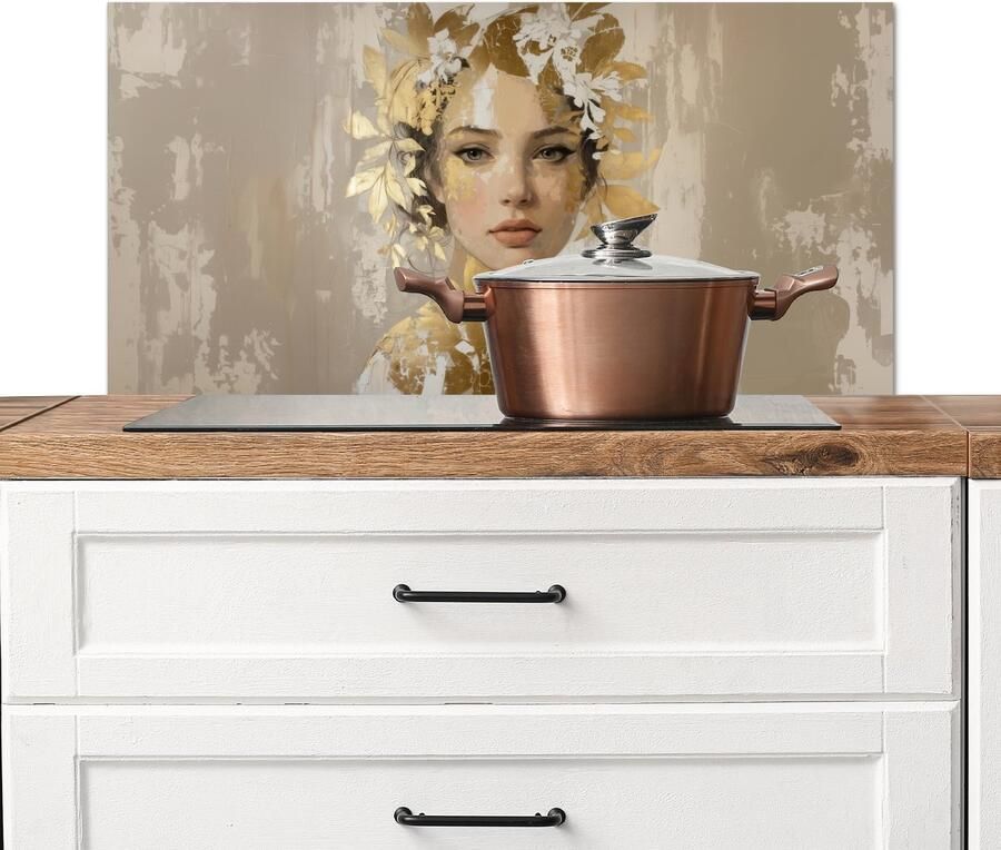 KitchenYeah Spatscherm keuken 80x40 cm Kookplaat achterwand Gezicht Vrouw Bladeren Goud Muurbeschermer Spatwand fornuis Hoogwaardig aluminium