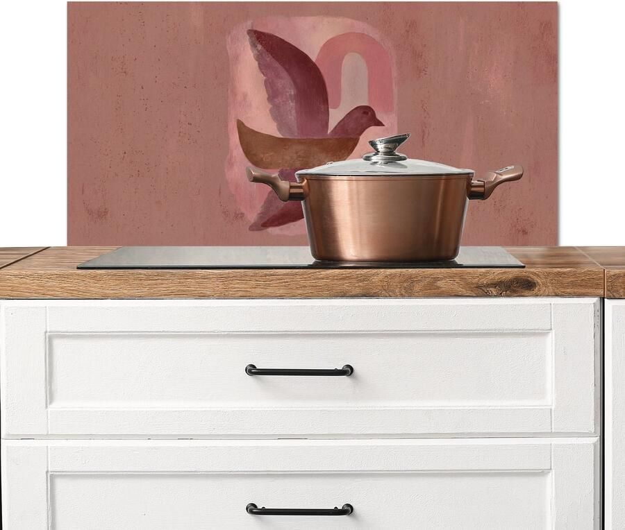 KitchenYeah Spatscherm keuken 90x45 cm Kookplaat achterwand Illustratie Vogels Abstract Roze Muurbeschermer Spatwand fornuis Hoogwaardig aluminium