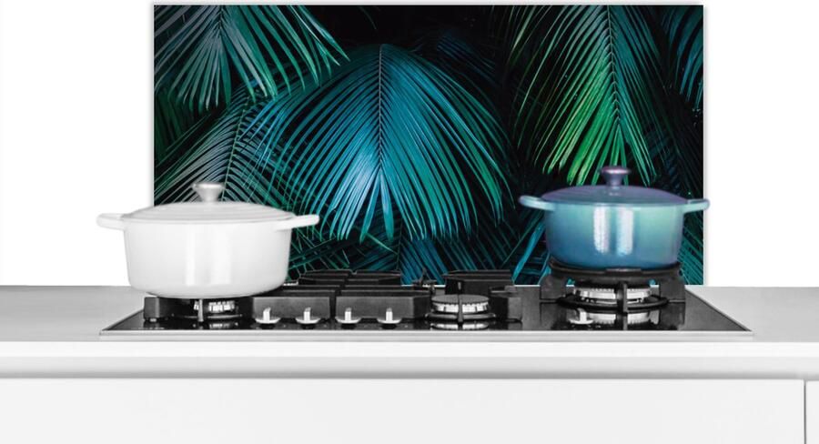 KitchenYeah Spatscherm keuken 90x45 cm Kookplaat achterwand Jungle Palmboom Groen Blauw Muurbeschermer Spatwand fornuis Hoogwaardig aluminium