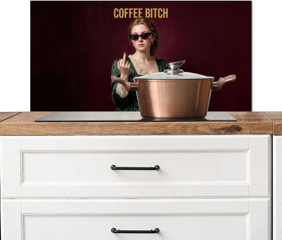 KitchenYeah Spatscherm keuken 90x45 cm Kookplaat achterwand Koffie Vrouw Middelvinger Muurbeschermer Spatwand fornuis Hoogwaardig aluminium