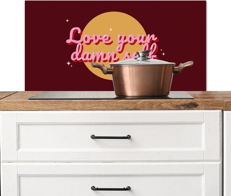 KitchenYeah Spatscherm keuken 80x40 cm Kookplaat achterwand love your damn self Cirkel Glitter Rood Muurbeschermer Spatwand fornuis Hoogwaardig aluminium