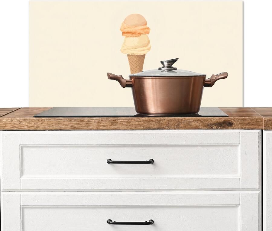 KitchenYeah Spatscherm keuken 90x45 cm Kookplaat achterwand Minimalistisch Schepijs Hoorntje Beige Muurbeschermer Spatwand fornuis Hoogwaardig aluminium