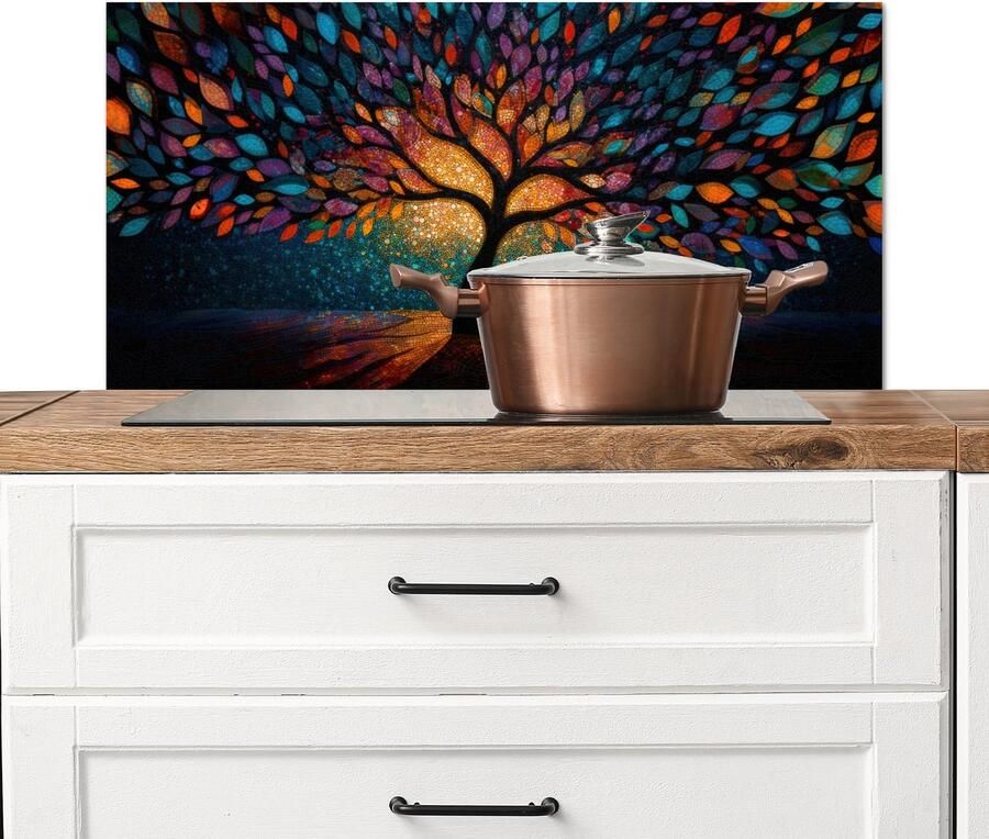 KitchenYeah Spatscherm keuken 80x40 cm Kookplaat achterwand Mozaïek Kleurrijk Boom Takken Muurbeschermer Spatwand fornuis Hoogwaardig aluminium