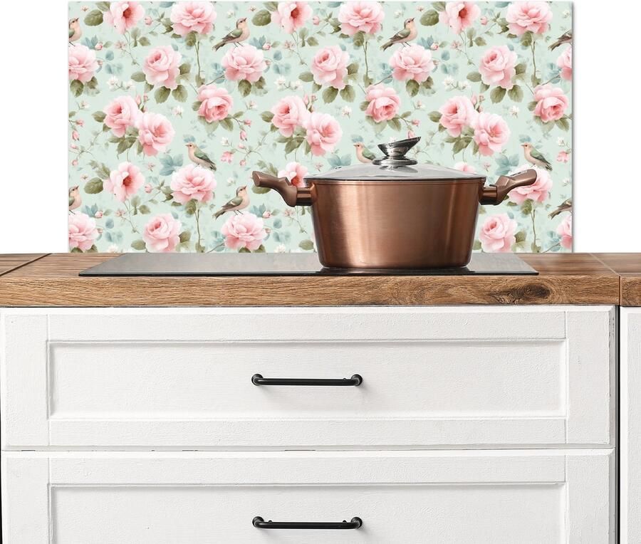 KitchenYeah Spatscherm keuken 80x40 cm Kookplaat achterwand Rozen Vogels Pastel Kleurrijk Muurbeschermer Spatwand fornuis Hoogwaardig aluminium