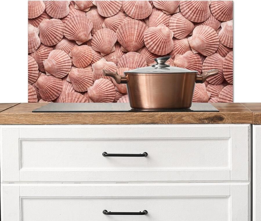 KitchenYeah Spatscherm keuken 90x45 cm Kookplaat achterwand Schelpen Patroon Roze Muurbeschermer Spatwand fornuis Hoogwaardig aluminium