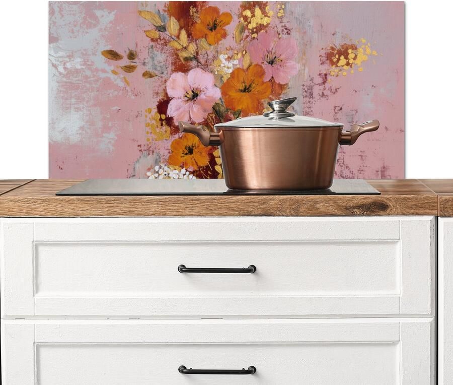 KitchenYeah Spatscherm keuken 80x40 cm Kookplaat achterwand Schilderij Bloemen Rustiek Roze Muurbeschermer Spatwand fornuis Hoogwaardig aluminium
