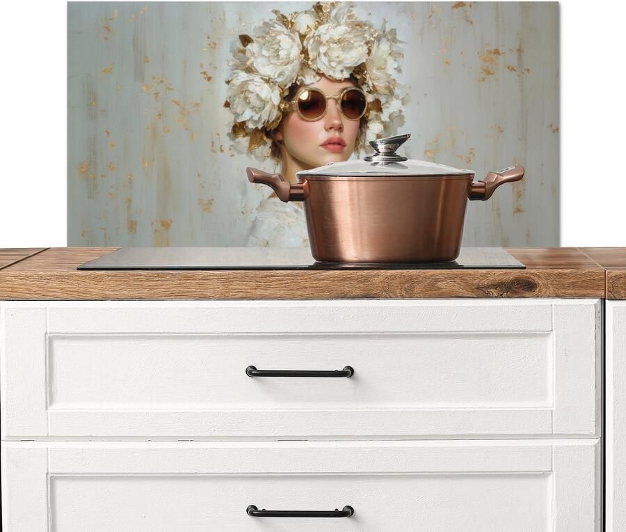 KitchenYeah Spatscherm keuken 90x45 cm Kookplaat achterwand Schilderij Vrouw Zonnebril Bloemenkrans Muurbeschermer Spatwand fornuis Hoogwaardig aluminium