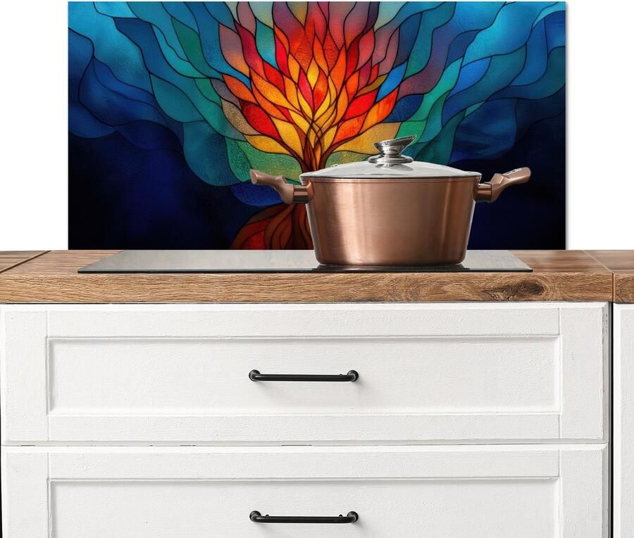 KitchenYeah Spatscherm keuken 90x45 cm Kookplaat achterwand Sierglas Boom Rood Vlakken Muurbeschermer Spatwand fornuis Hoogwaardig aluminium