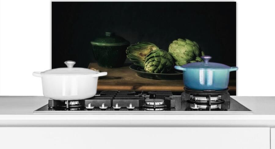 KitchenYeah Spatscherm keuken 80x40 cm Kookplaat achterwand Stilleven Bord Artisjok Kunst Schilderij Muurbeschermer Spatwand fornuis Hoogwaardig aluminium