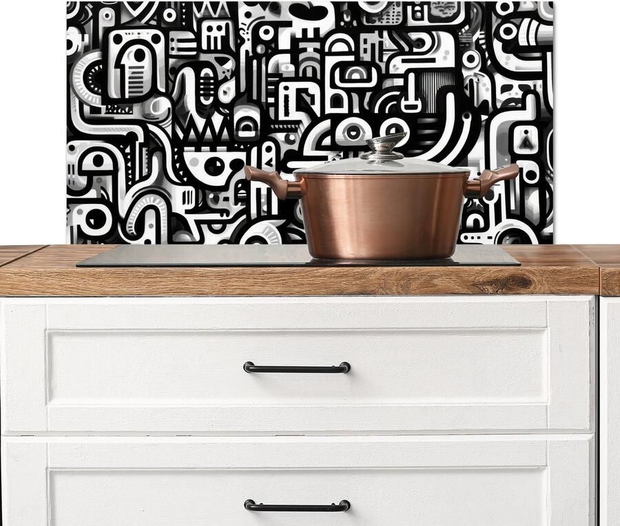 KitchenYeah Spatscherm keuken 90x45 cm Kookplaat achterwand Symbolen Abstract Grafisch Zwart Muurbeschermer Spatwand fornuis Hoogwaardig aluminium