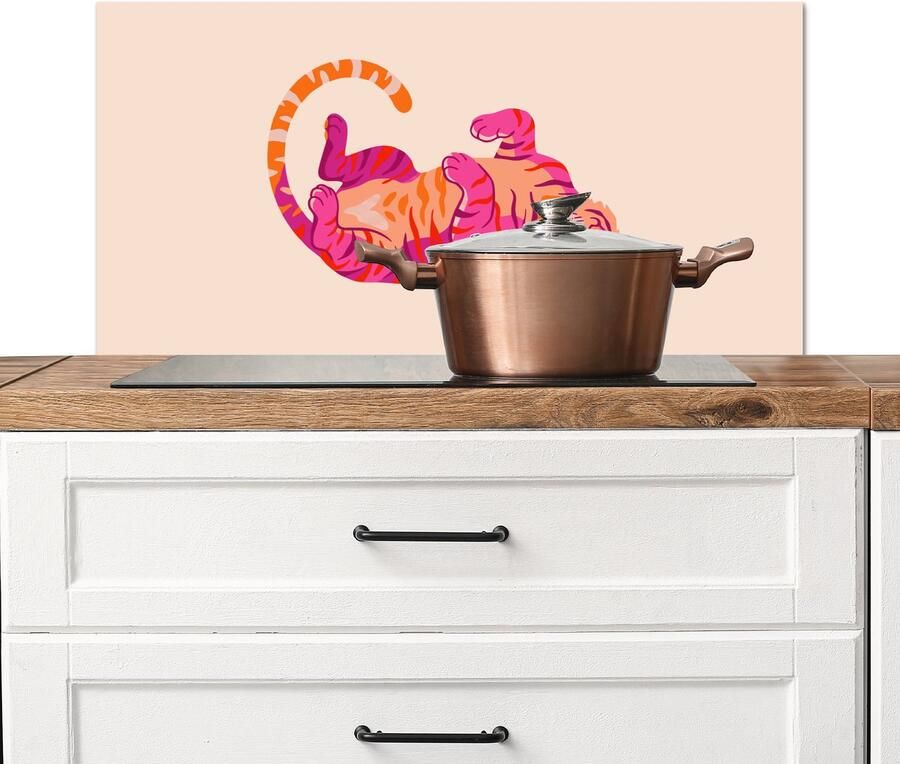 KitchenYeah Spatscherm keuken 90x45 cm Kookplaat achterwand Tijger Roze Oranje Muurbeschermer Spatwand fornuis Hoogwaardig aluminium