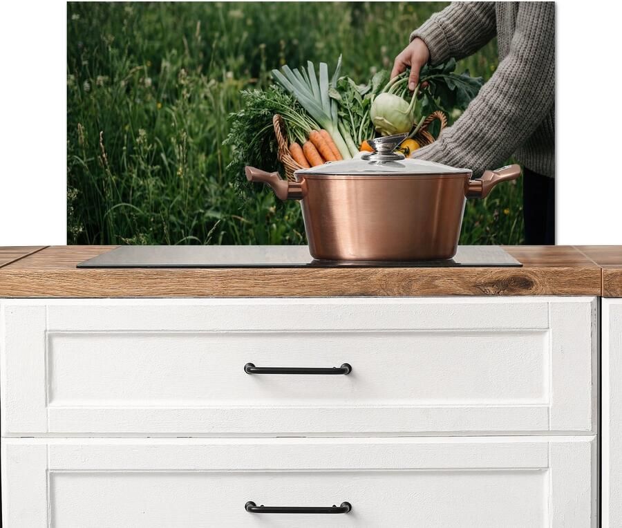 KitchenYeah Spatscherm keuken 80x40 cm Kookplaat achterwand Veld Groenten Biologisch Oogst Muurbeschermer Spatwand fornuis Hoogwaardig aluminium