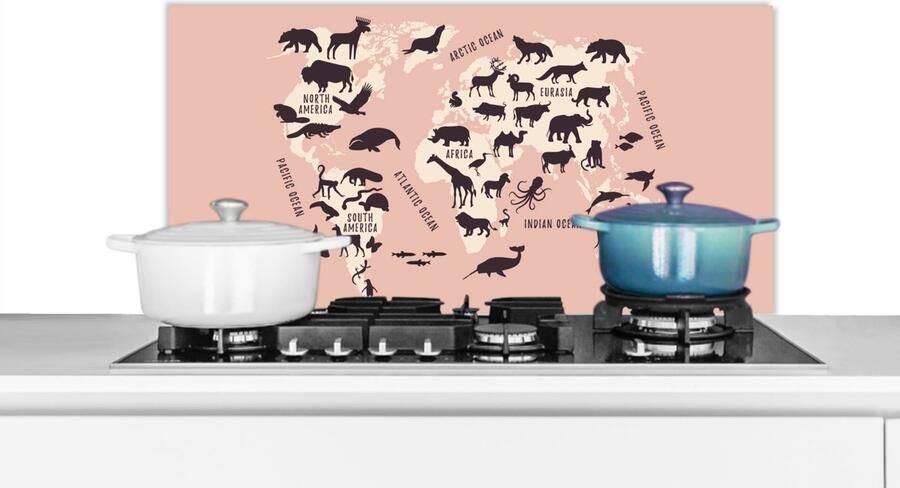 KitchenYeah Spatscherm keuken 90x45 cm Kookplaat achterwand Wereldkaart Dier Roze Muurbeschermer Spatwand fornuis Hoogwaardig aluminium