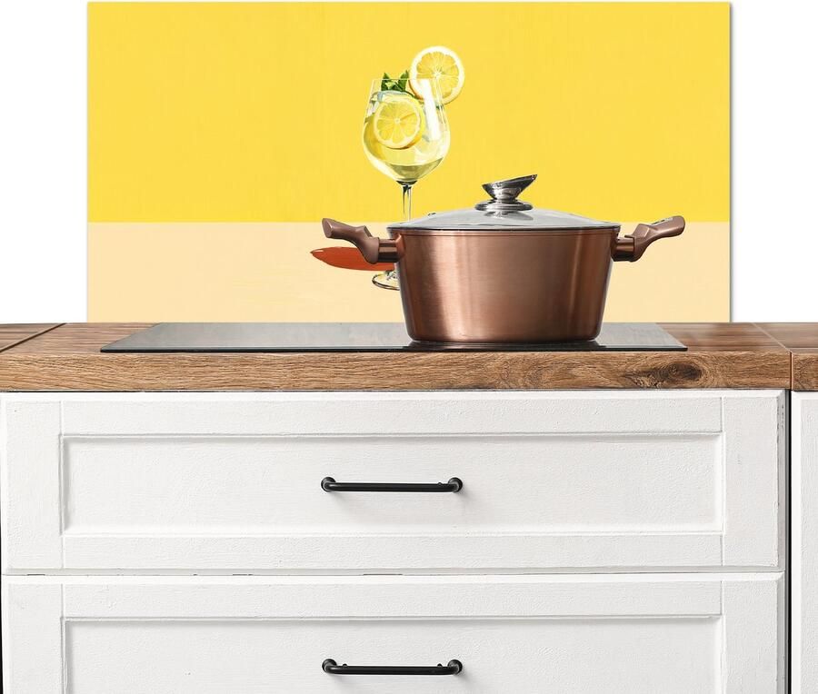 KitchenYeah Spatscherm keuken 90x45 cm Kookplaat achterwand Wijnglas Citroen Geel Minimalistisch Muurbeschermer Spatwand fornuis Hoogwaardig aluminium