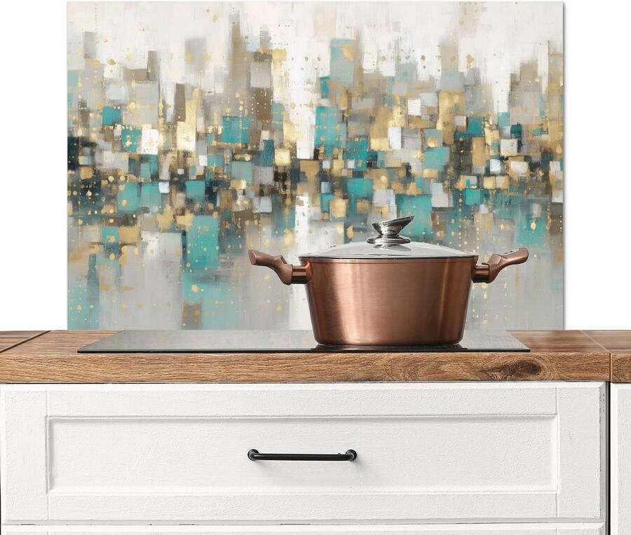 KitchenYeah Spatscherm keuken 80x55 cm Kookplaat achterwand Abstract Blokken Goud Skyline Muurbeschermer Spatwand fornuis Hoogwaardig aluminium