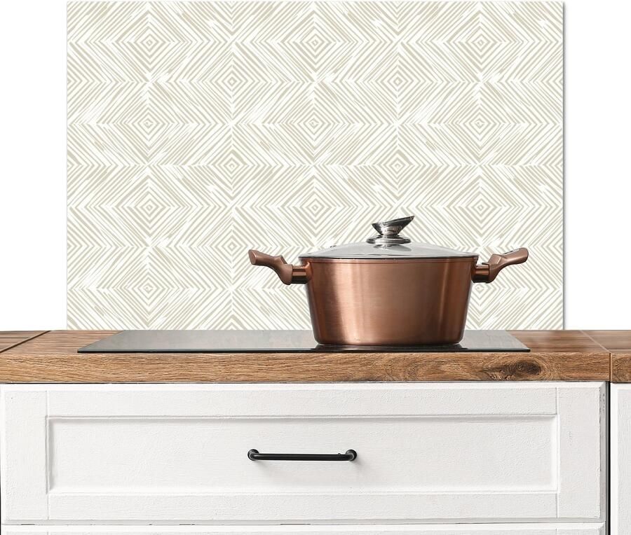 KitchenYeah Spatscherm keuken 80x55 cm Kookplaat achterwand Abstract Ruiten Beige Muurbeschermer Spatwand fornuis Hoogwaardig aluminium