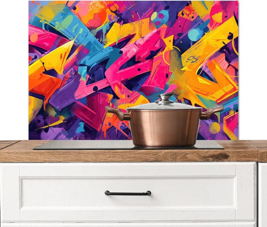 KitchenYeah Spatscherm keuken 90x60 cm Kookplaat achterwand Abstract Vormen Kleurrijk Muurbeschermer Spatwand fornuis Hoogwaardig aluminium