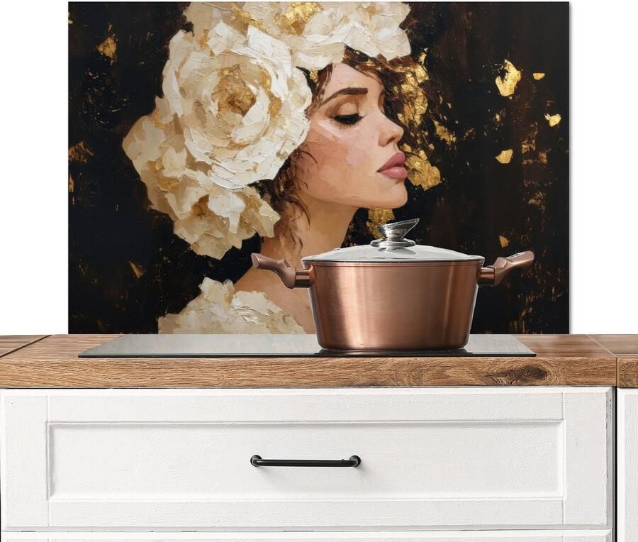 KitchenYeah Spatscherm keuken 80x55 cm Kookplaat achterwand Abstract Vrouw Bloemen Wit Muurbeschermer Spatwand fornuis Hoogwaardig aluminium