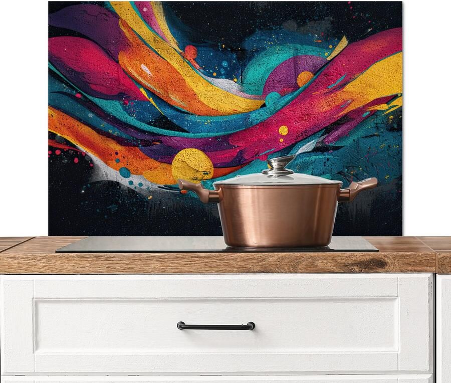 KitchenYeah Spatscherm keuken 80x55 cm Kookplaat achterwand Banen Golven Kleurrijk Abstract Muurbeschermer Spatwand fornuis Hoogwaardig aluminium