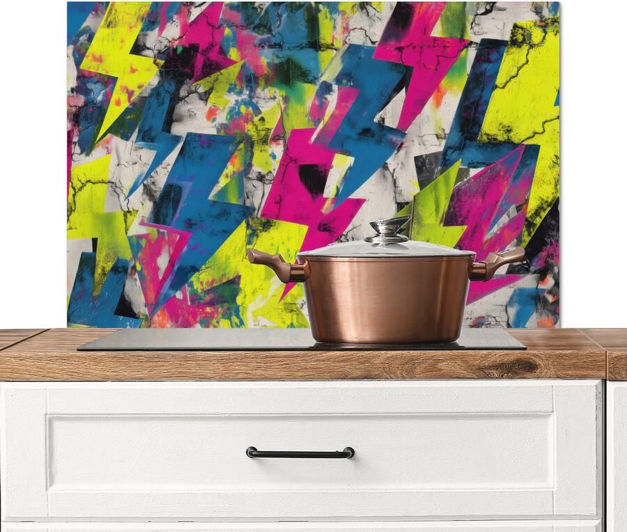 KitchenYeah Spatscherm keuken 90x60 cm Kookplaat achterwand Bliksemschichten Patroon Marmer print Kleuren Muurbeschermer Spatwand fornuis Hoogwaardig aluminium