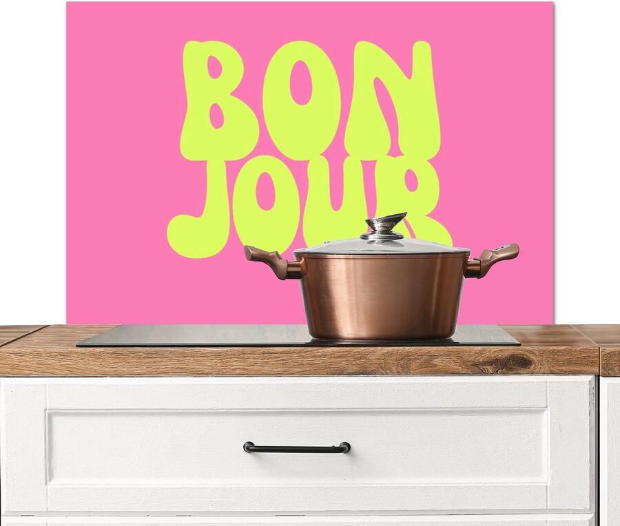 KitchenYeah Spatscherm keuken 80x55 cm Kookplaat achterwand Bonjour Roze Fel groen Muurbeschermer Spatwand fornuis Hoogwaardig aluminium