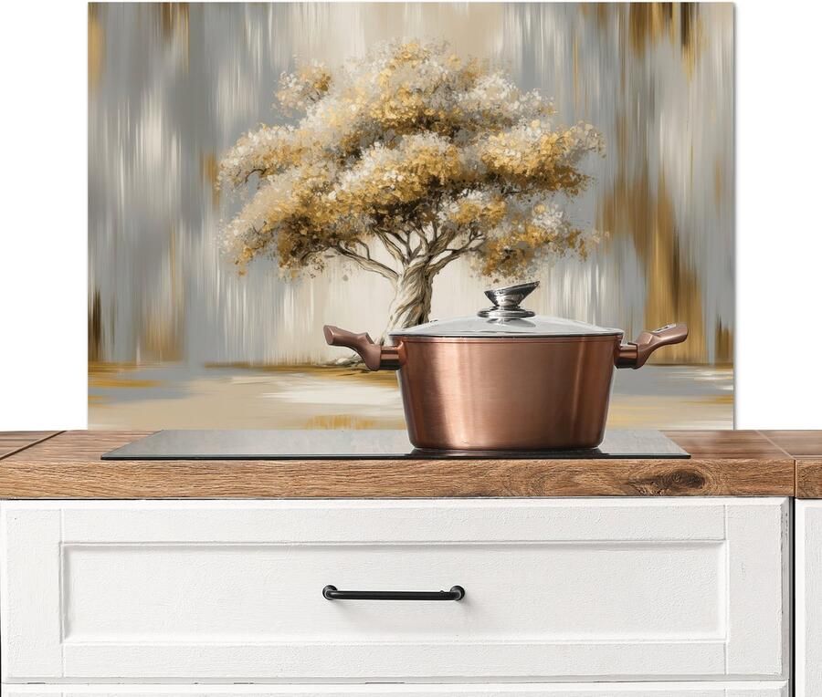 KitchenYeah Spatscherm keuken 90x60 cm Kookplaat achterwand Boom Bladeren Abstract Wit Muurbeschermer Spatwand fornuis Hoogwaardig aluminium