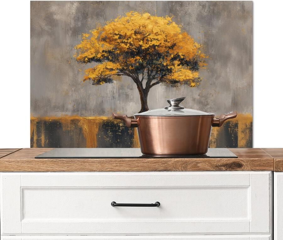 KitchenYeah Spatscherm keuken 90x60 cm Kookplaat achterwand Boom Bladeren Goud Abstract Muurbeschermer Spatwand fornuis Hoogwaardig aluminium
